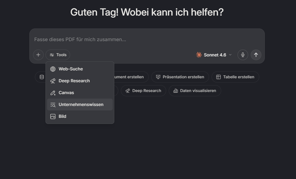 Langdock Werkzeug-Menü mit Web-Suche, Deep Research, Canvas, Unternehmenswissen, Bildgenerierung